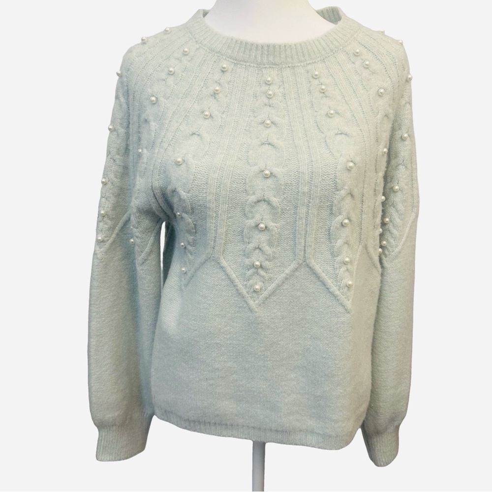 NWT PEARL BEADED CABLE KNIT SWEATER Mint Green‎ Quiet Luxury Old Money Coquette